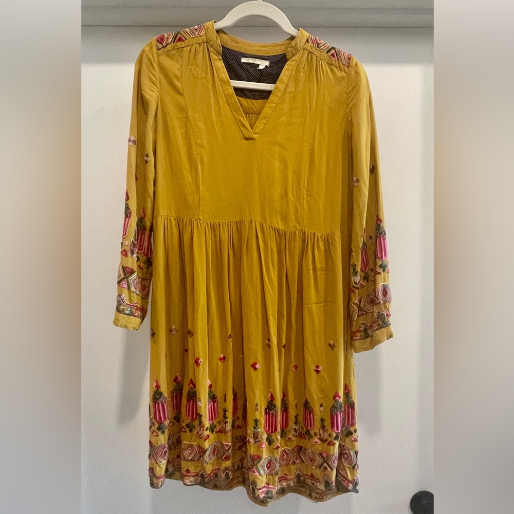 Anthropologie mustard yellow embroidered dress